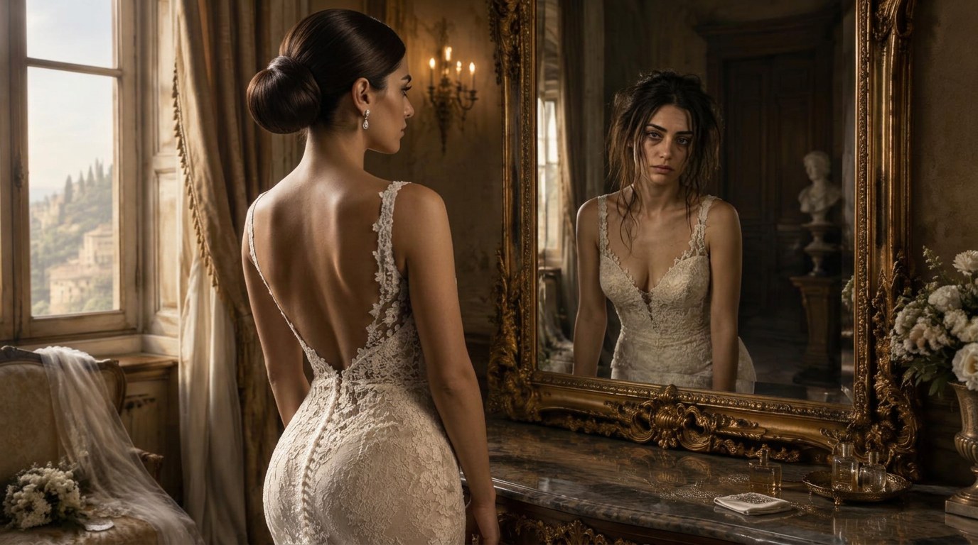 An Italian bride facing a mirror that reflects her overwhelmed, wedding-planning self